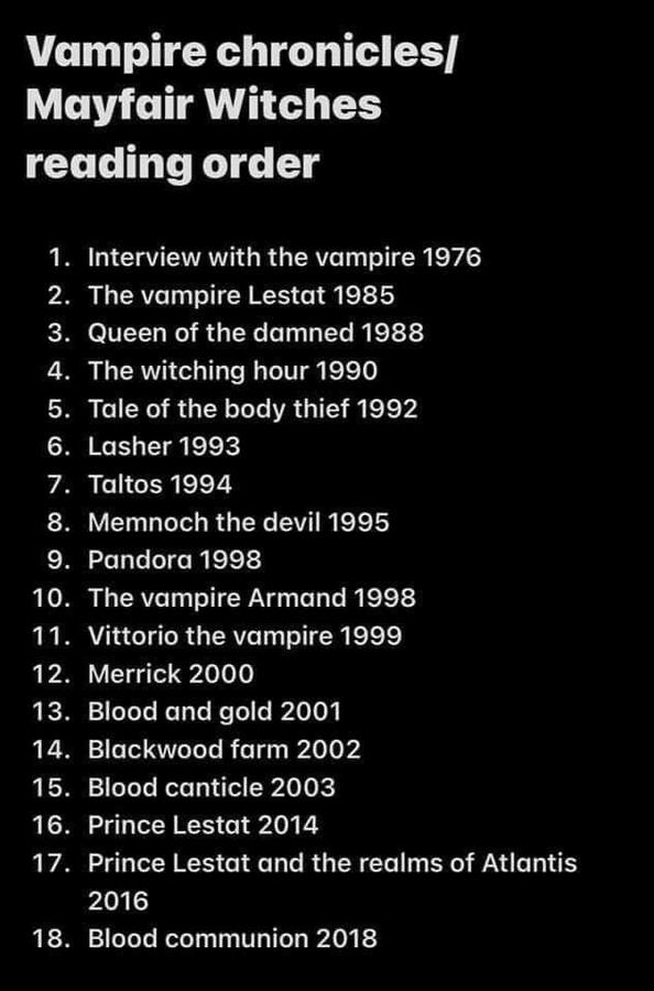 Reading Order Vampire Chronicles and Mayfair Witches reading order list. Eighteen titles with years, starting with "Interview with the Vampire 1976" and ending with "Blood Communion 2018."